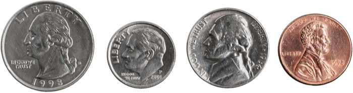 A quarter, dime, nickel and penny